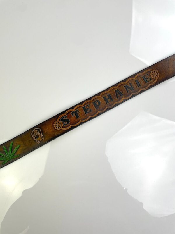 RAD! 1970S EMBOSSED HIPPY BELT, BRASS BUCKLE - WEED, ZIGZAG MAN, STEPHANIE TOOLED DESIGN