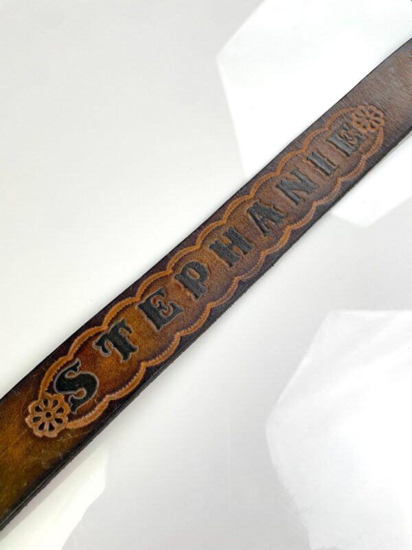 RAD! 1970S EMBOSSED HIPPY BELT, BRASS BUCKLE - WEED, ZIGZAG MAN, STEPHANIE TOOLED DESIGN