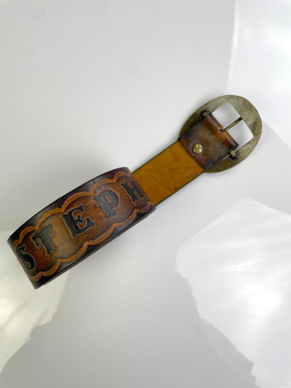 RAD! 1970S EMBOSSED HIPPY BELT, BRASS BUCKLE - WEED, ZIGZAG MAN, STEPHANIE TOOLED DESIGN