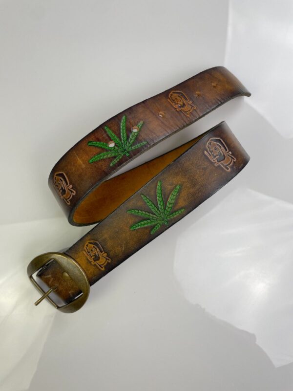 RAD! 1970S EMBOSSED HIPPY BELT, BRASS BUCKLE - WEED, ZIGZAG MAN, STEPHANIE TOOLED DESIGN