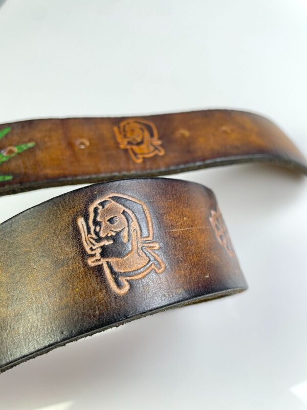 RAD! 1970S EMBOSSED HIPPY BELT, BRASS BUCKLE - WEED, ZIGZAG MAN, STEPHANIE TOOLED DESIGN