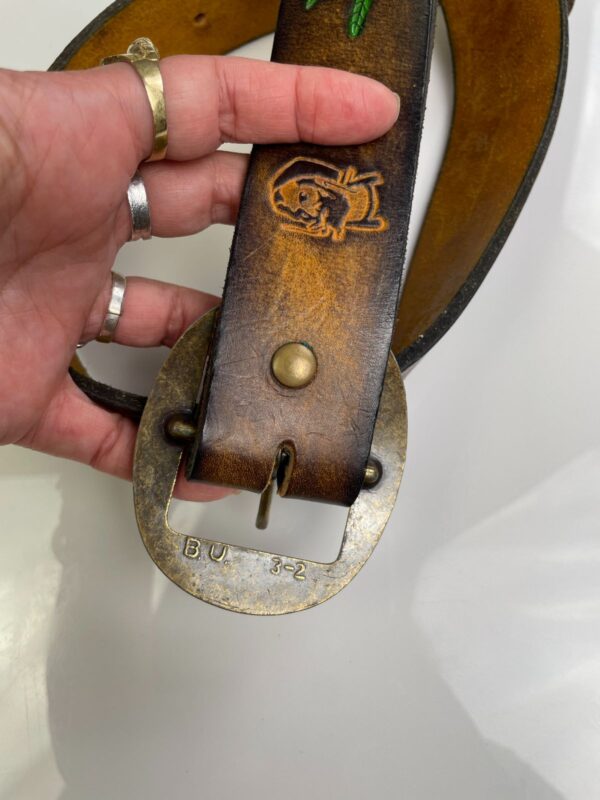 RAD! 1970S EMBOSSED HIPPY BELT, BRASS BUCKLE - WEED, ZIGZAG MAN, STEPHANIE TOOLED DESIGN