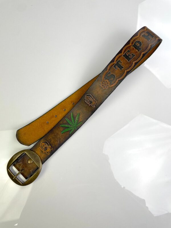 RAD! 1970S EMBOSSED HIPPY BELT, BRASS BUCKLE - WEED, ZIGZAG MAN, STEPHANIE TOOLED DESIGN