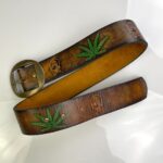 RAD! 1970S EMBOSSED HIPPY BELT, BRASS BUCKLE – WEED, ZIGZAG MAN, STEPHANIE TOOLED DESIGN