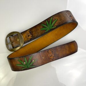 Photo detail:RAD! 1970S EMBOSSED HIPPY BELT, BRASS BUCKLE - WEED, ZIGZAG MAN, STEPHANIE TOOLED DESIGN