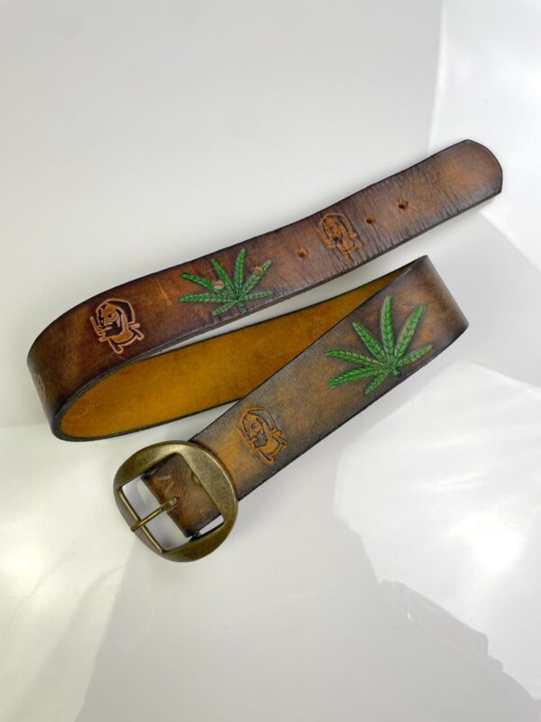 RAD! 1970S EMBOSSED HIPPY BELT, BRASS BUCKLE - WEED, ZIGZAG MAN, STEPHANIE TOOLED DESIGN