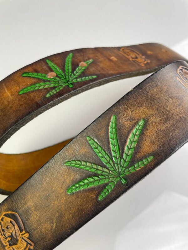 RAD! 1970S EMBOSSED HIPPY BELT, BRASS BUCKLE - WEED, ZIGZAG MAN, STEPHANIE TOOLED DESIGN