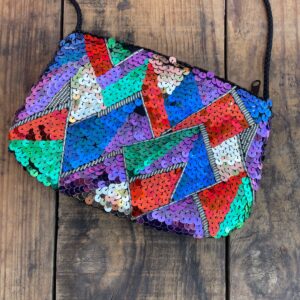 Photo detail:CUTE! 1980S-90S COLORFUL SEQUIN PURSE GEOMETRIC DESIGN, ROPE STRAP- MADE IN MACAU