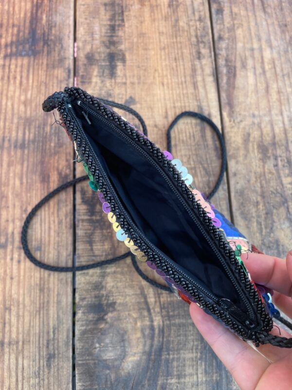 CUTE! 1980S-90S COLORFUL SEQUIN PURSE GEOMETRIC DESIGN, ROPE STRAP- MADE IN MACAU