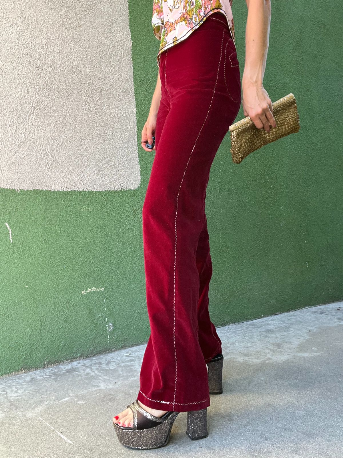 product details: KILLER!!! 1960S-70S WIDE LEG VELVET TROUSERS WHITE CONTRAST & UNIQUE BACK POCKETS STITCHING RAINBOW INTERIOR TRIM TALON ZIPPER photo