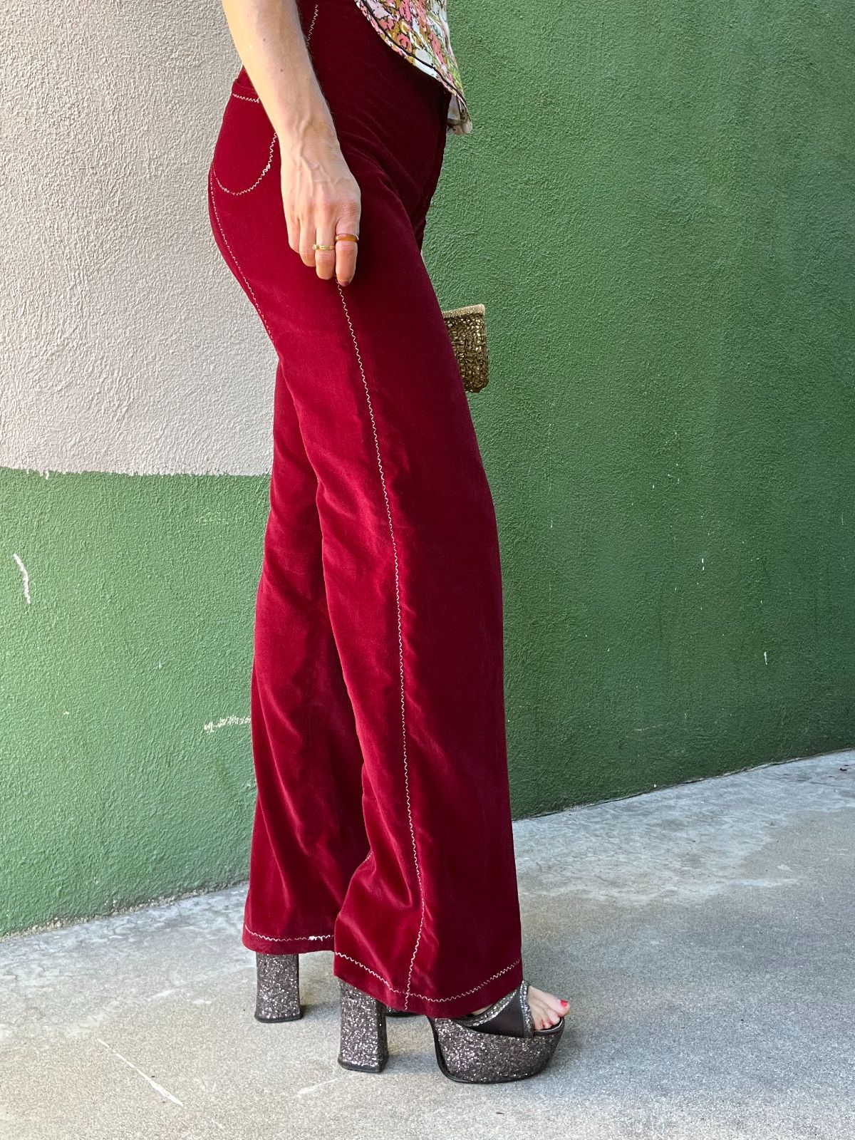 KILLER!!! 1960S-70S WIDE LEG VELVET TROUSERS WHITE CONTRAST & UNIQUE BACK POCKETS STITCHING RAINBOW INTERIOR TRIM TALON ZIPPER