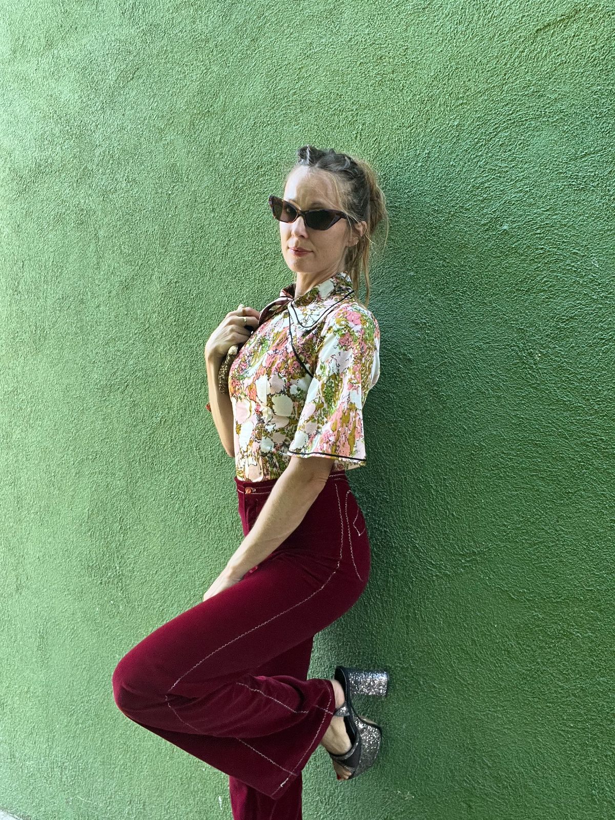 KILLER!!! 1960S-70S WIDE LEG VELVET TROUSERS WHITE CONTRAST & UNIQUE BACK POCKETS STITCHING RAINBOW INTERIOR TRIM TALON ZIPPER