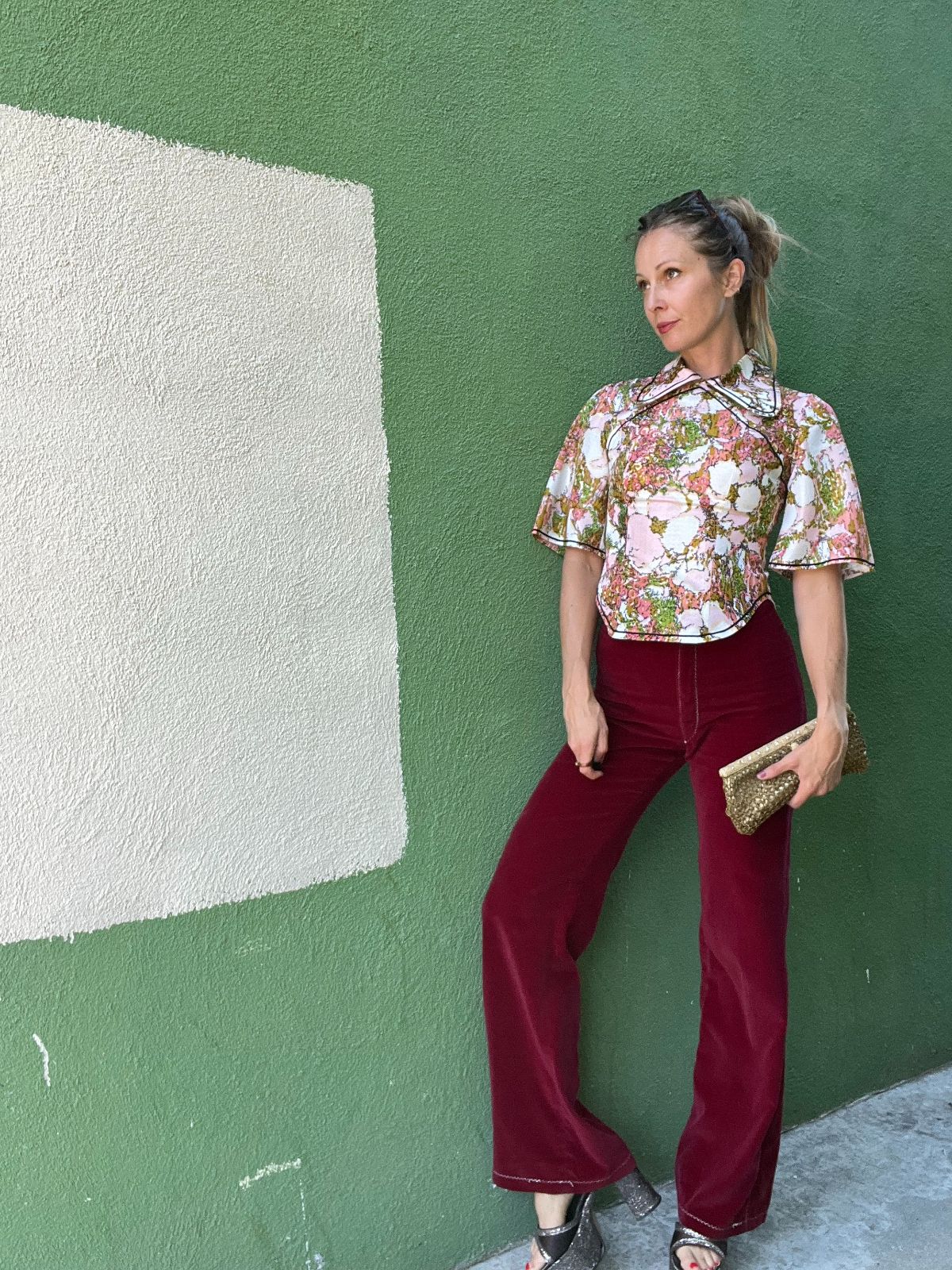 KILLER!!! 1960S-70S WIDE LEG VELVET TROUSERS WHITE CONTRAST & UNIQUE BACK POCKETS STITCHING RAINBOW INTERIOR TRIM TALON ZIPPER