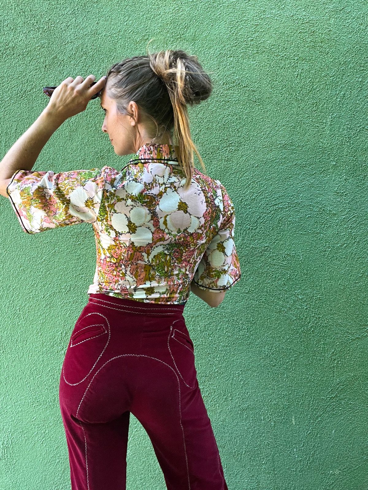 KILLER!!! 1960S-70S WIDE LEG VELVET TROUSERS WHITE CONTRAST & UNIQUE BACK POCKETS STITCHING RAINBOW INTERIOR TRIM TALON ZIPPER