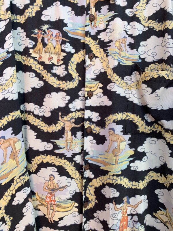 SWEET! 100% RAYON, RETRO CLOUDS & SURF PRINT HAWAIIAN SHIRT, COCONUT BUTTONS