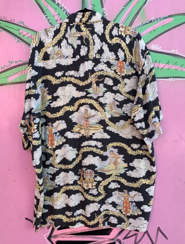 SWEET! 100% RAYON, RETRO CLOUDS & SURF PRINT HAWAIIAN SHIRT, COCONUT BUTTONS