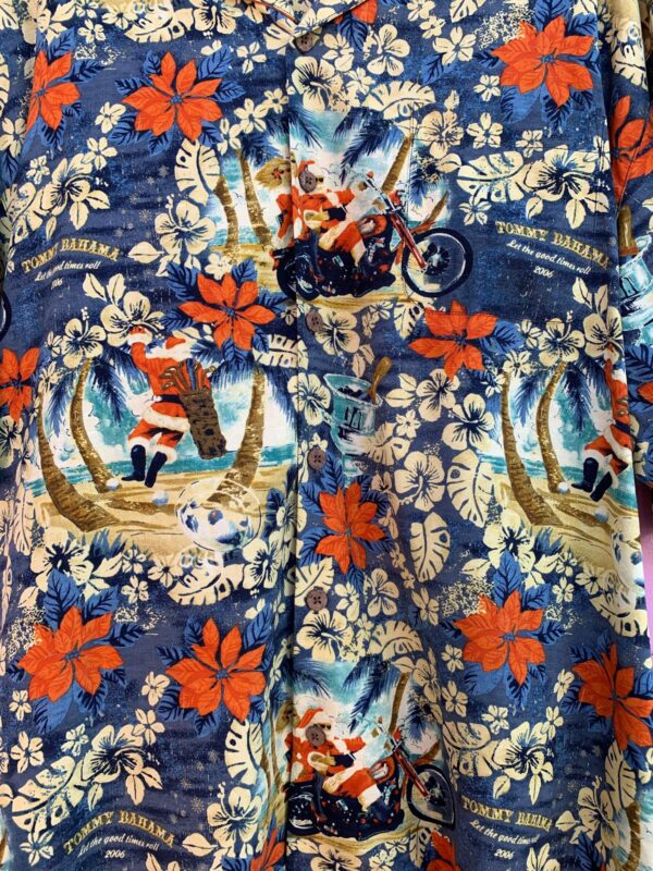100% SILK 2006 MOTORCYCLE SANTA LET THE GOOD TIMES ROLL PRINT HAWAIIAN SHIRT