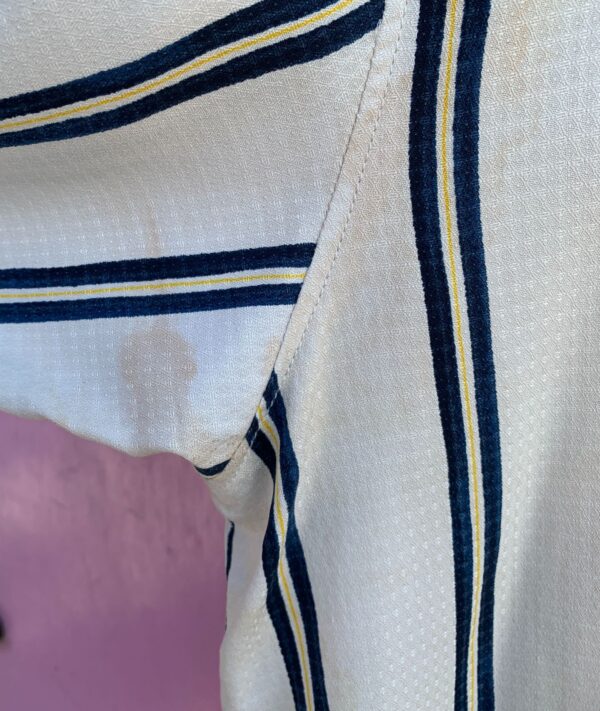 *AS-IS* VERICAL STRIPED & EMBROIDERED DETAIL SHORT SLEEVE BUTTON DOWN SHIRT, COCONUT BUTTONS