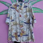 COOL! 100% RAYON, ISLAND TRADER PRINT HAWAIIAN SHIRT, COCONUT BUTTONS