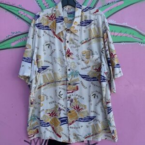 Photo detail:COOL! 100% RAYON, ISLAND TRADER PRINT HAWAIIAN SHIRT, COCONUT BUTTONS
