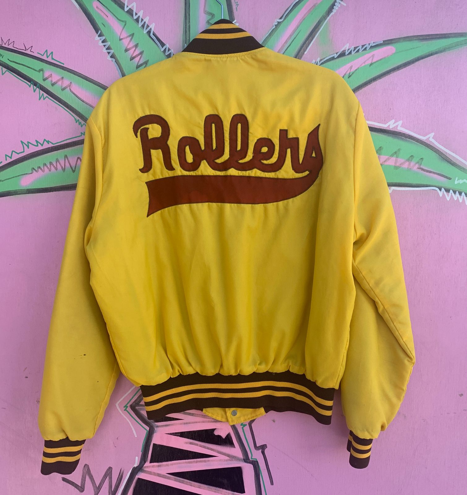 product details: COOL! ROLLERS BOMBERS CHAIN STITCH  EMBROIDERED LOGO NYLON BUTTON UP JACKET photo