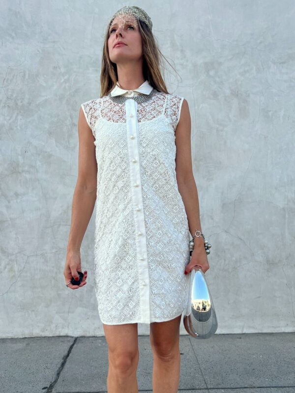 *AS-IS* CUSTOM LV MONOGRAM LACE SLEEVELESS SHIFT DRESS WITH PEARL BUTTONS