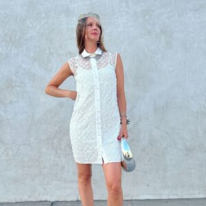 Photo detail:*AS-IS* CUSTOM LV MONOGRAM LACE SLEEVELESS SHIFT DRESS WITH PEARL BUTTONS