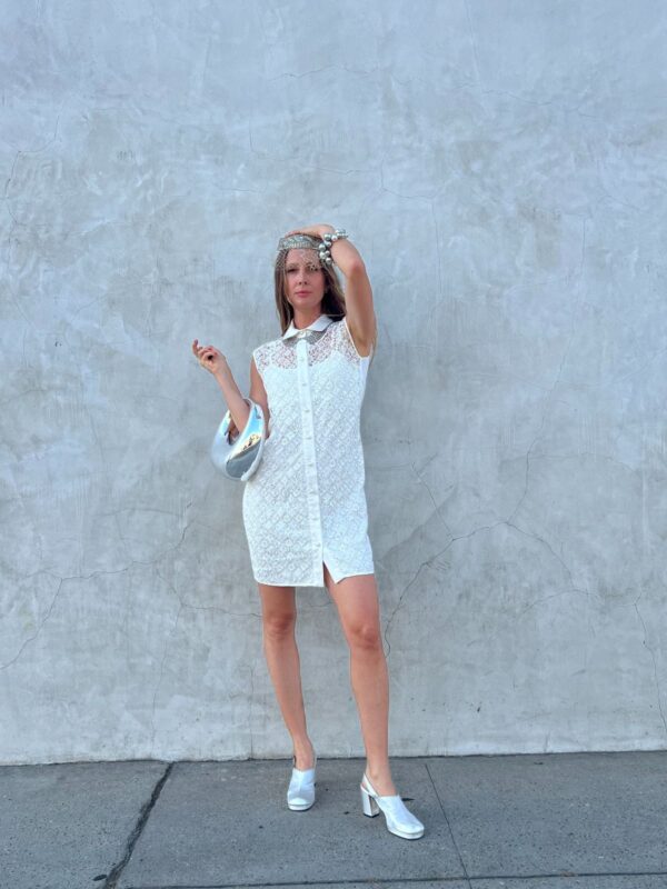 *AS-IS* CUSTOM LV MONOGRAM LACE SLEEVELESS SHIFT DRESS WITH PEARL BUTTONS