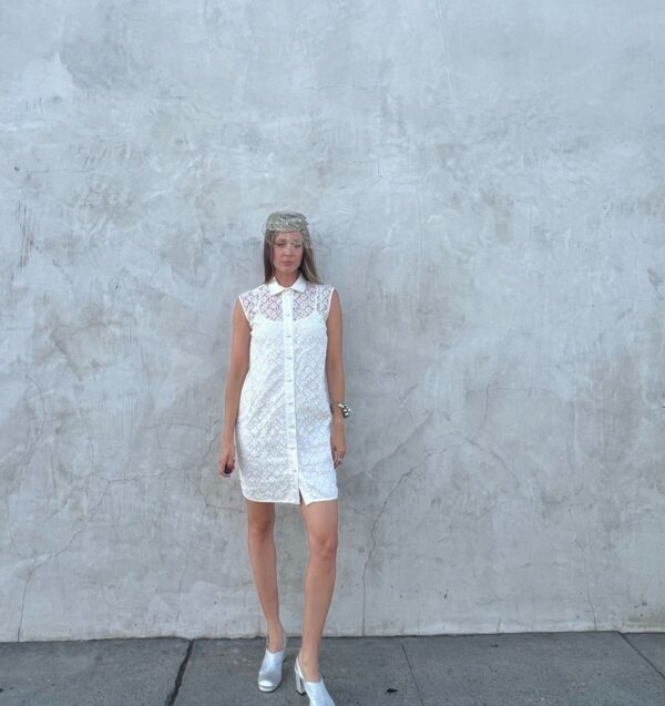 *AS-IS* CUSTOM LV MONOGRAM LACE SLEEVELESS SHIFT DRESS WITH PEARL BUTTONS