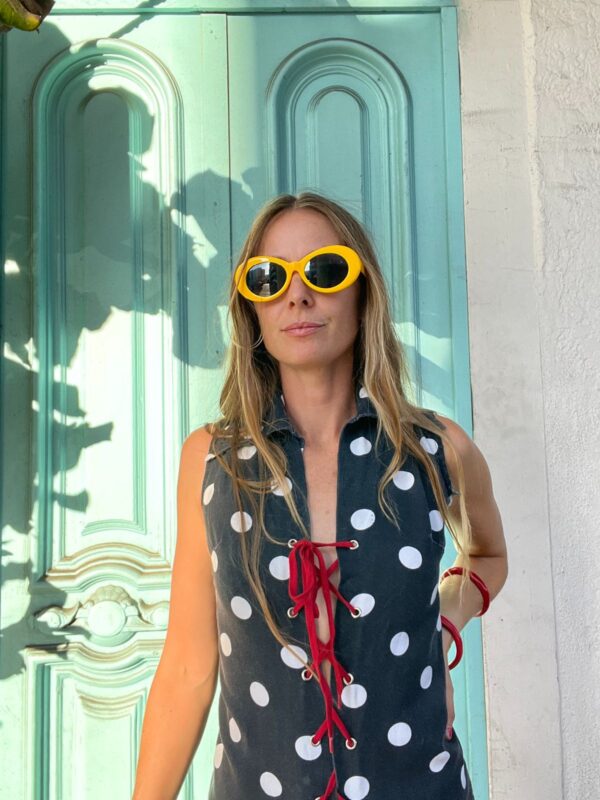 *AS-IS* 1980S CUSTOM COLLARED POLKA DOT ROMPER RED LACE UP FRONT