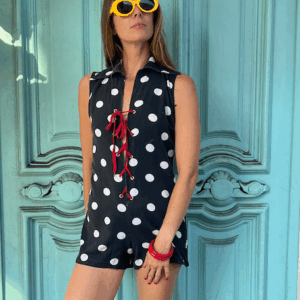 Photo detail:*AS-IS* 1980S CUSTOM COLLARED POLKA DOT ROMPER RED LACE UP FRONT