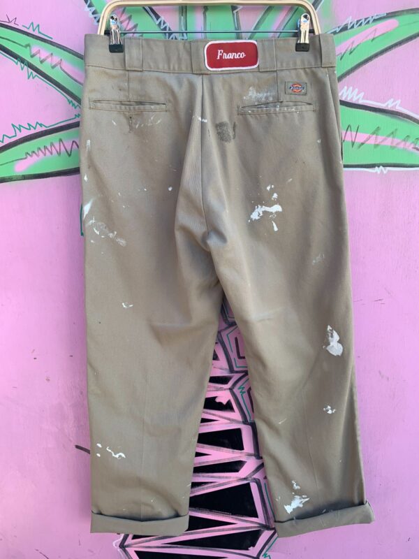 *AS-IS* COOL! CUSTOM NAME PATCHED PAINT SPLATTERED KHAKI DICKIES WORK PANTS