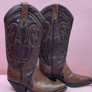 Photo detail:MADE IN MEXICO 2-TONE EXTRA POINTED STACKED HEEL LEATHER COWBOY BOOTS, DECORATIVE STITCHING, LIZARD PANELS