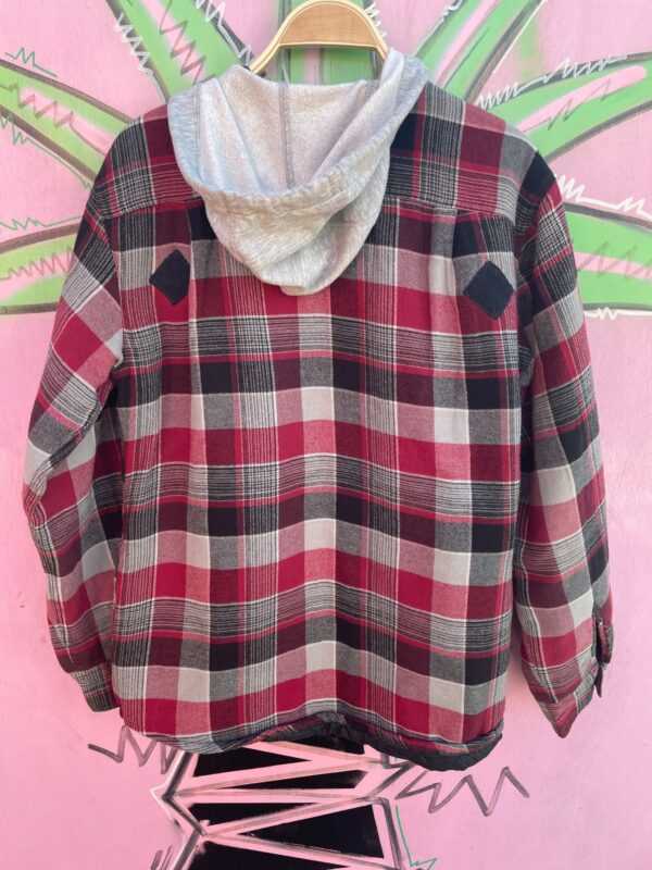 1990S HOODED FLANNEL, QUILTED INTERIOR *CORDUROY PATCH