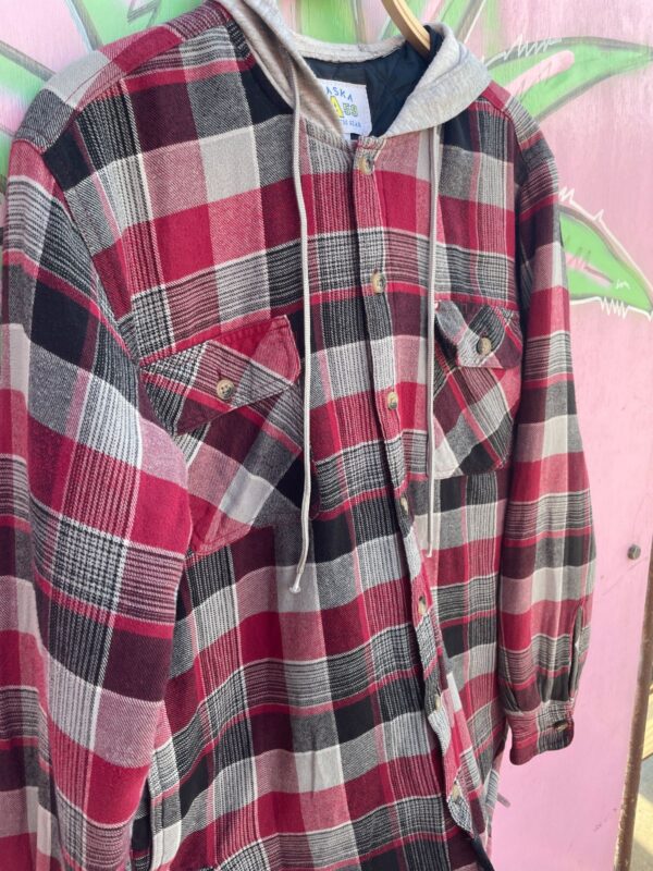 1990S HOODED FLANNEL, QUILTED INTERIOR *CORDUROY PATCH