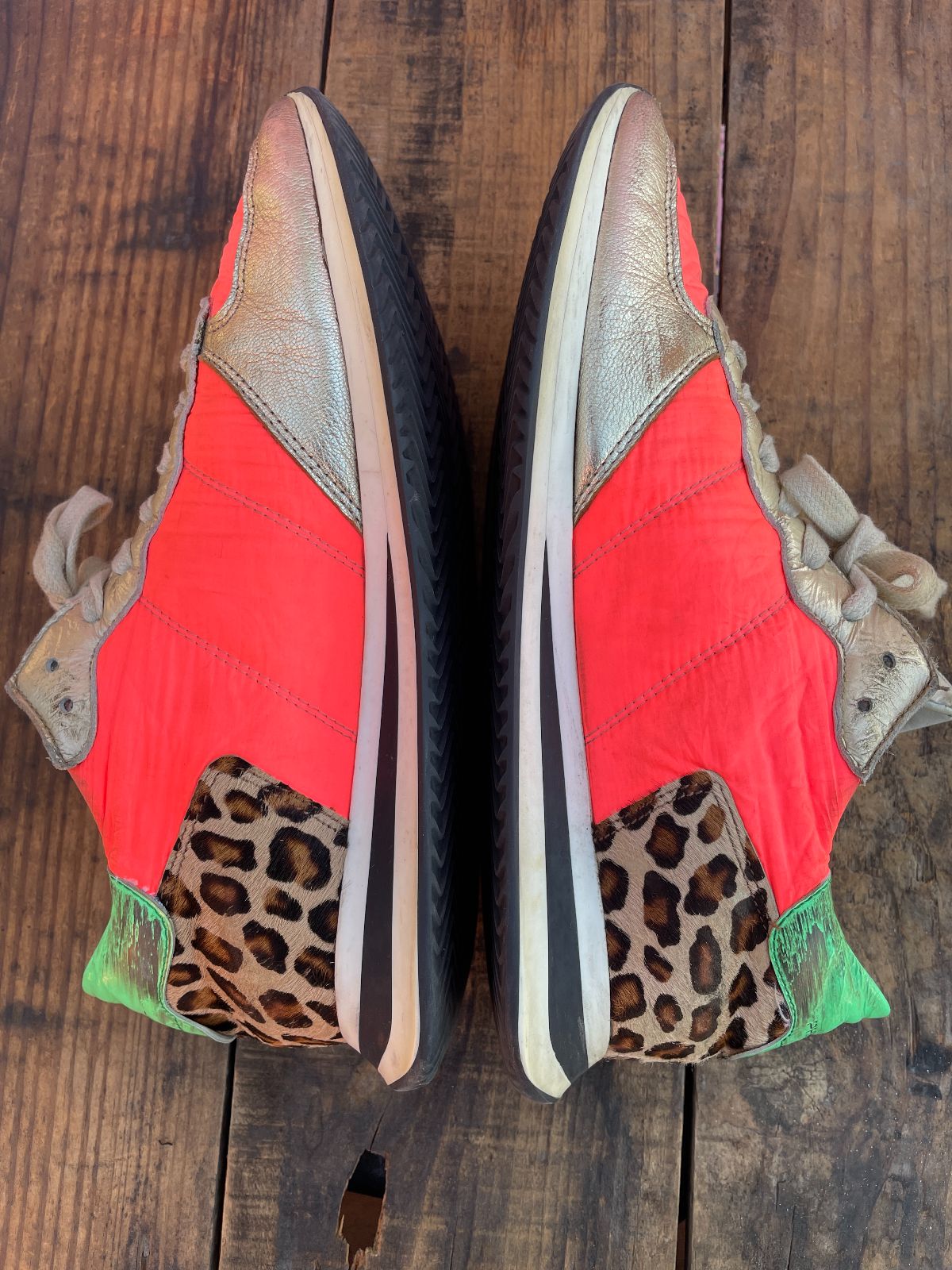 FUNKY GOLD AND PINK PHILIPPE MODEL DAMES SNEAKERS W/ PONY HAIR LEOPARD ACCENT