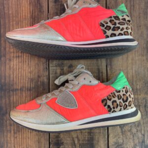 Photo detail:FUNKY GOLD AND PINK PHILIPPE MODEL DAMES SNEAKERS W/ PONY HAIR LEOPARD ACCENT