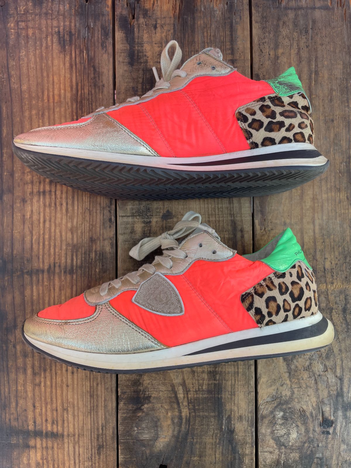 product details: FUNKY GOLD AND PINK PHILIPPE MODEL DAMES SNEAKERS W/ PONY HAIR LEOPARD ACCENT photo