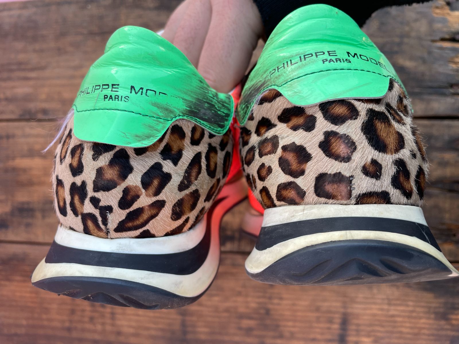 FUNKY GOLD AND PINK PHILIPPE MODEL DAMES SNEAKERS W/ PONY HAIR LEOPARD ACCENT