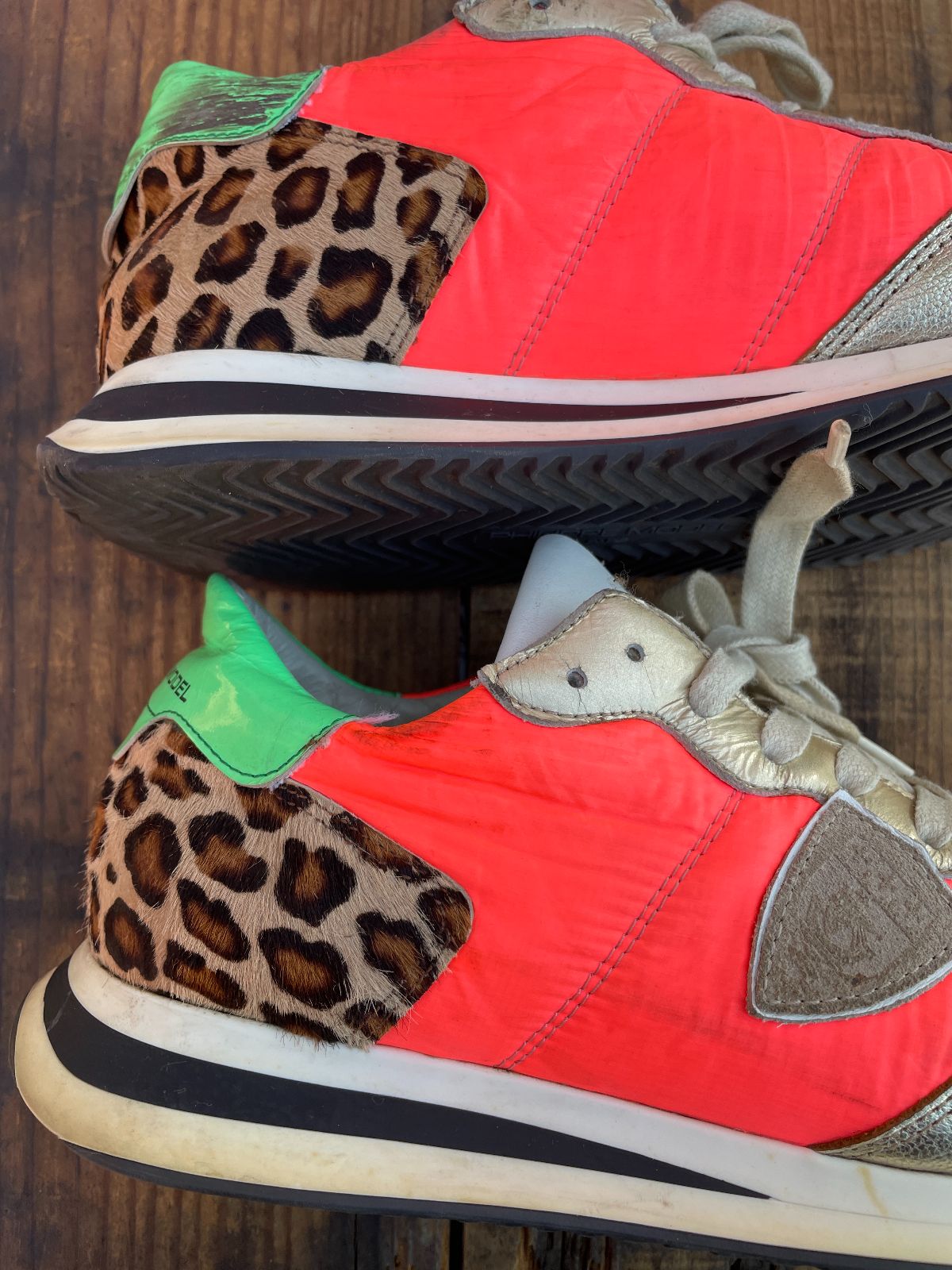 FUNKY GOLD AND PINK PHILIPPE MODEL DAMES SNEAKERS W/ PONY HAIR LEOPARD ACCENT