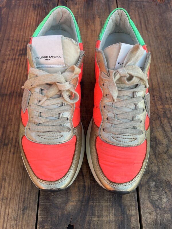 FUNKY GOLD AND PINK PHILIPPE MODEL DAMES SNEAKERS W/ PONY HAIR LEOPARD ACCENT