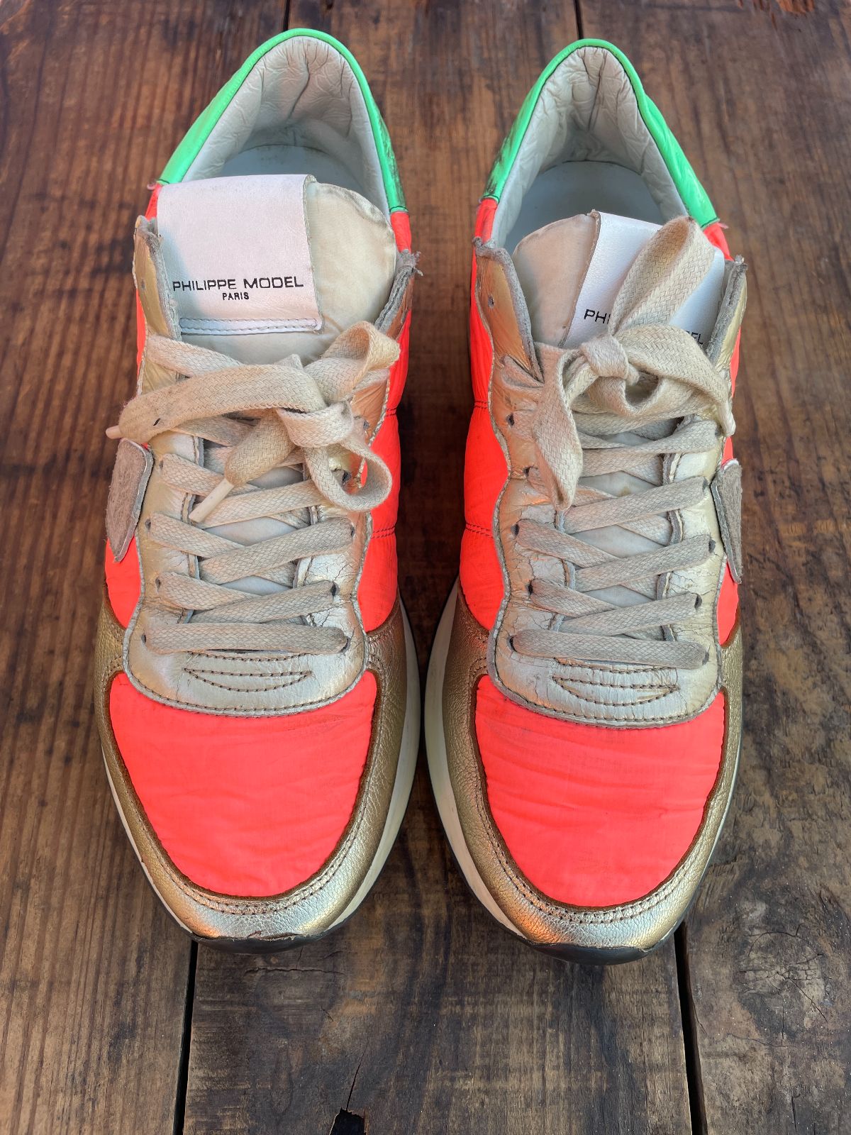 FUNKY GOLD AND PINK PHILIPPE MODEL DAMES SNEAKERS W/ PONY HAIR LEOPARD ACCENT