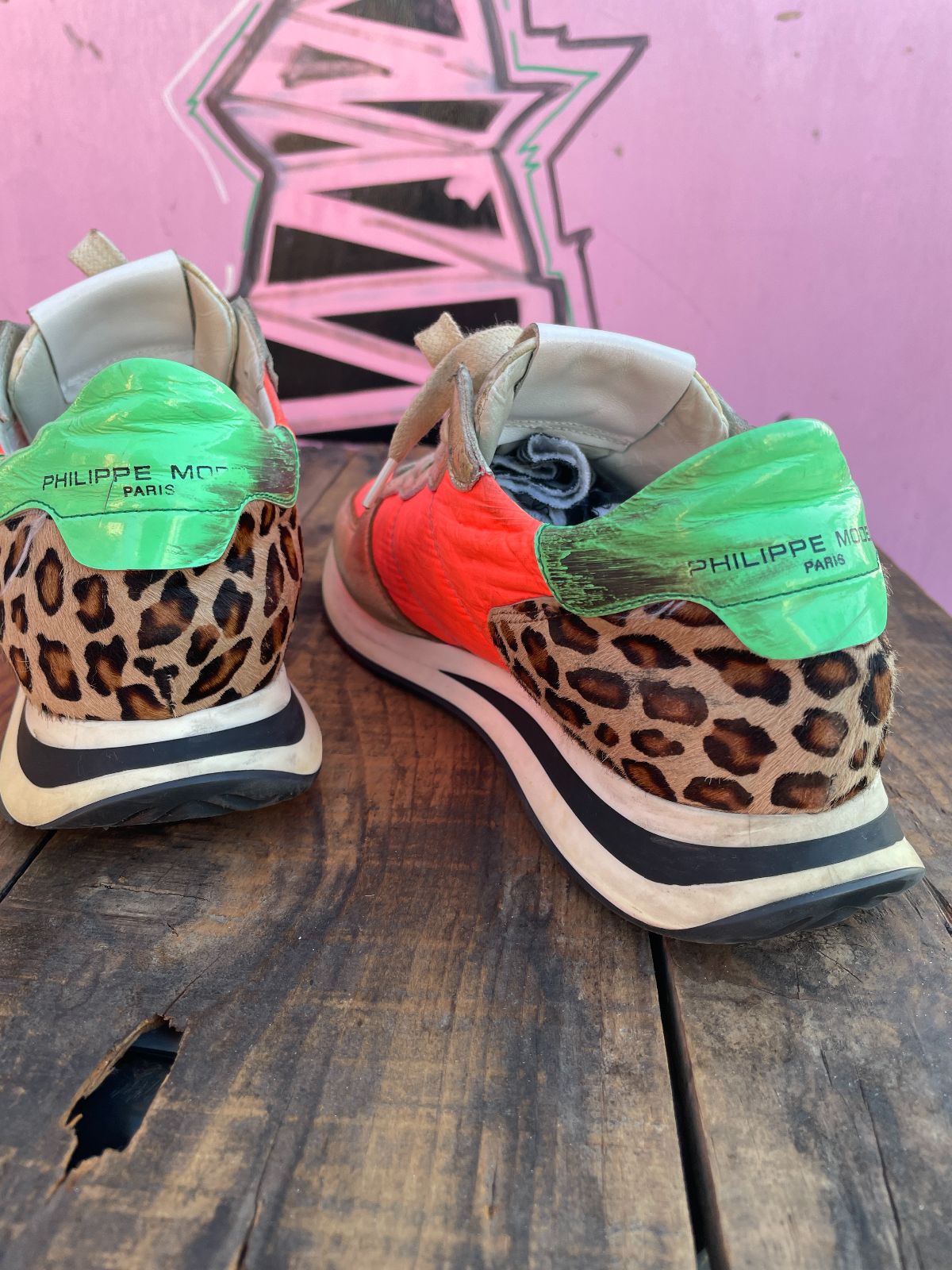 FUNKY GOLD AND PINK PHILIPPE MODEL DAMES SNEAKERS W/ PONY HAIR LEOPARD ACCENT