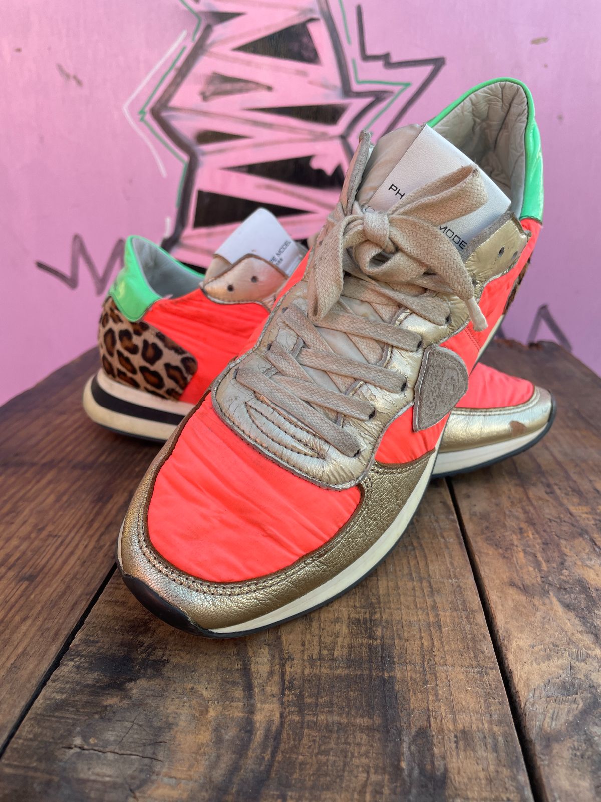 FUNKY GOLD AND PINK PHILIPPE MODEL DAMES SNEAKERS W/ PONY HAIR LEOPARD ACCENT