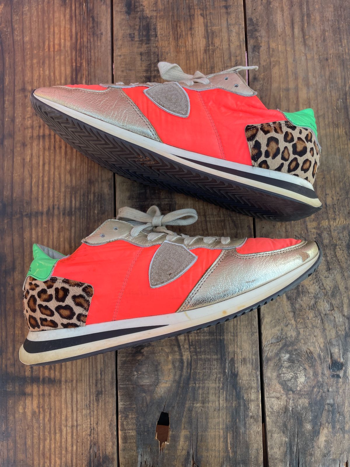 FUNKY GOLD AND PINK PHILIPPE MODEL DAMES SNEAKERS W/ PONY HAIR LEOPARD ACCENT