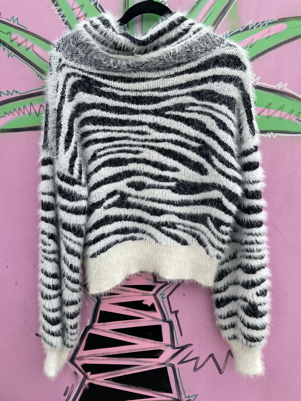 product details: FUN! OVERSIZED COWL NECK SUPER FUZZY ZEBRA STRIPED SWEATER photo