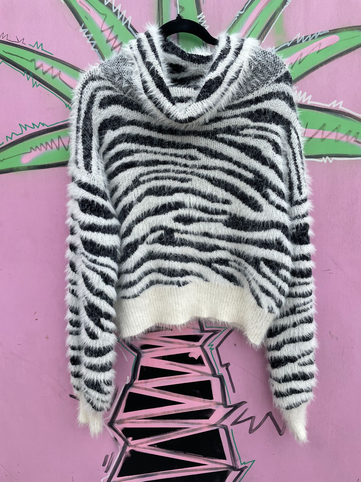 FUN! OVERSIZED COWL NECK SUPER FUZZY ZEBRA STRIPED SWEATER