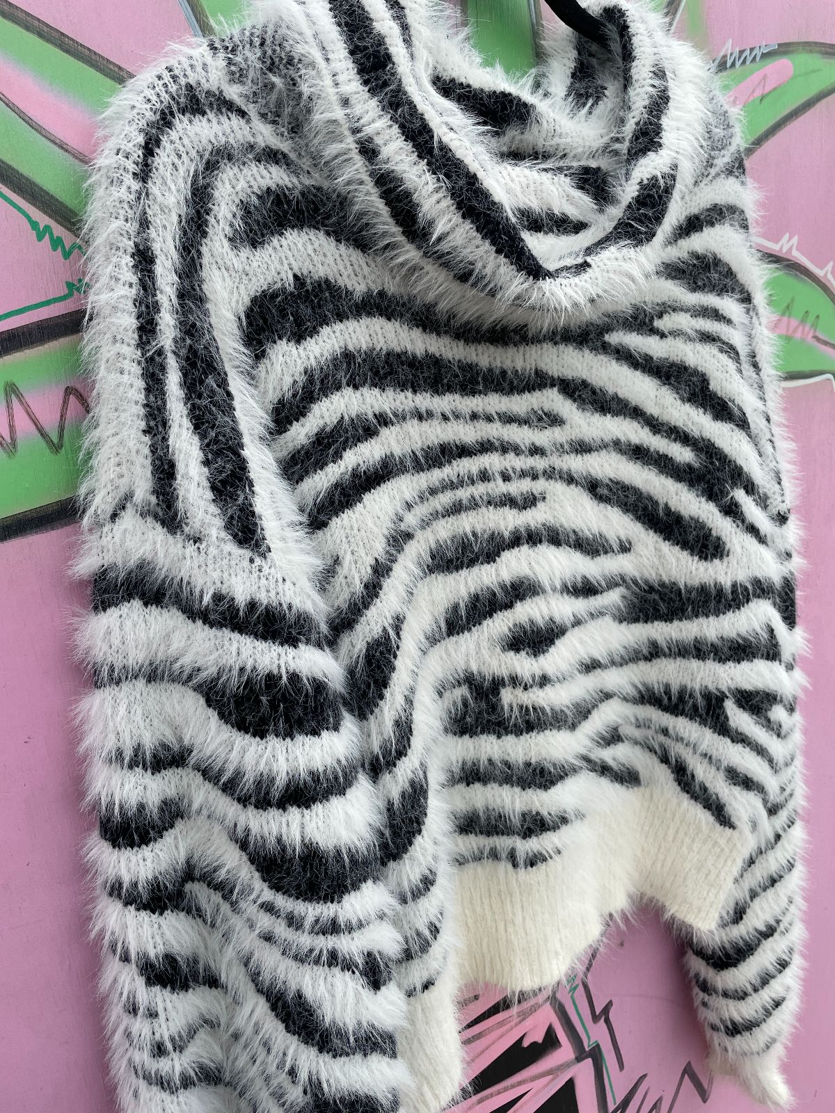 FUN! OVERSIZED COWL NECK SUPER FUZZY ZEBRA STRIPED SWEATER
