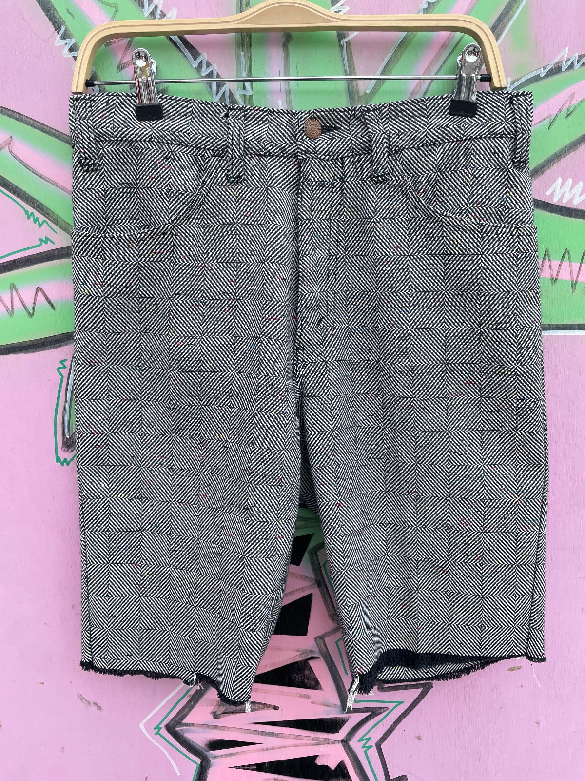 product details: THE F#CKING COOLEST!!! BIG E LEVIS LINED GEOMETRIC WOVEN CUT OFF PANTS photo