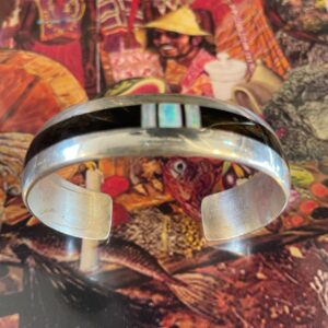 Photo detail:NAVAJO 925 STERLING SILVER CUFF V. BENALLY OPAL AND JET ONYX INLAY BRACELET